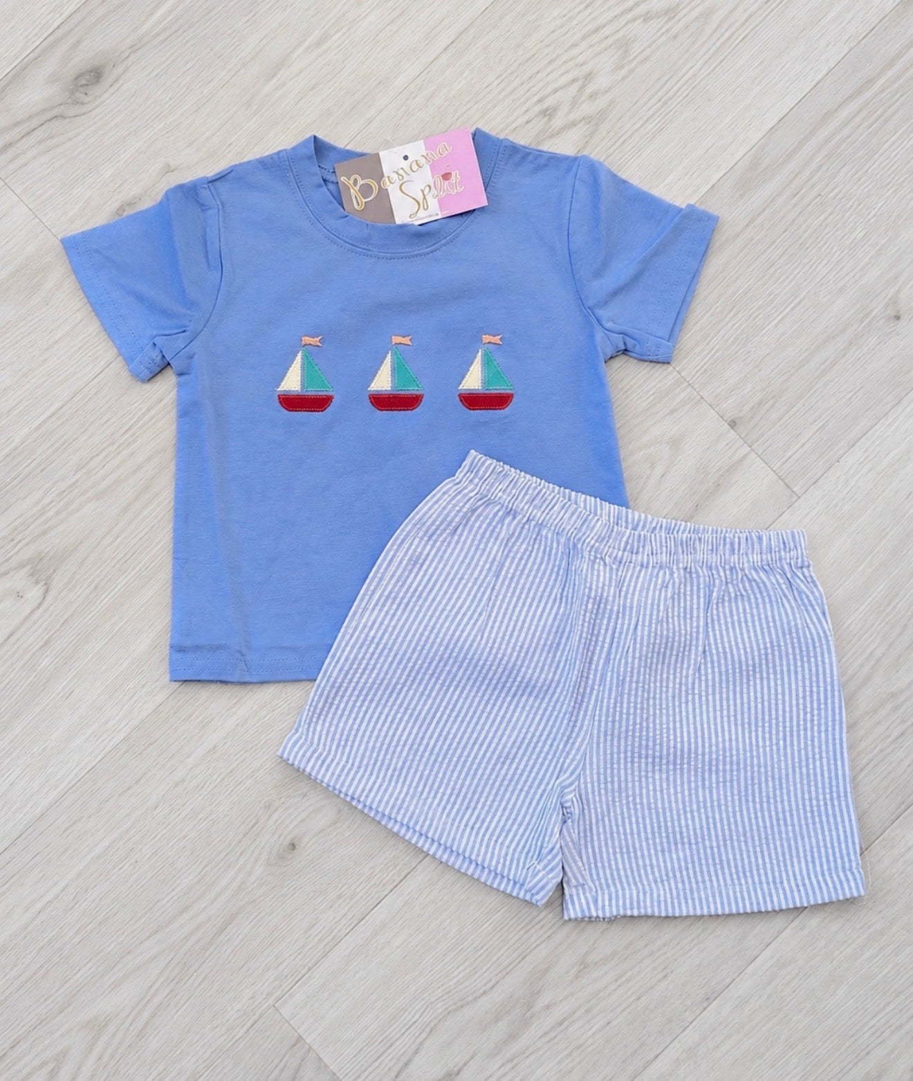 BS26 • sailboat appliqué boys short set