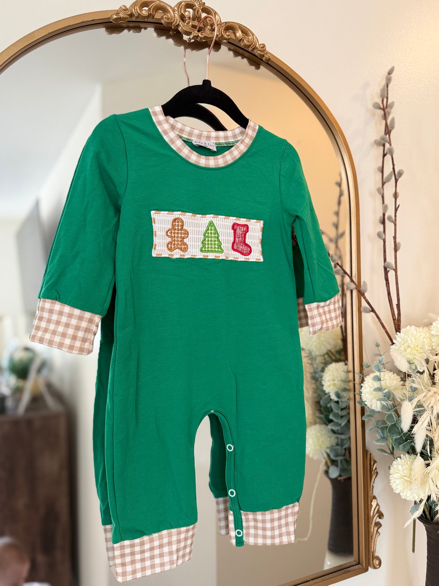 Christmas 2025 • boys green machine smocked gingerbread romper