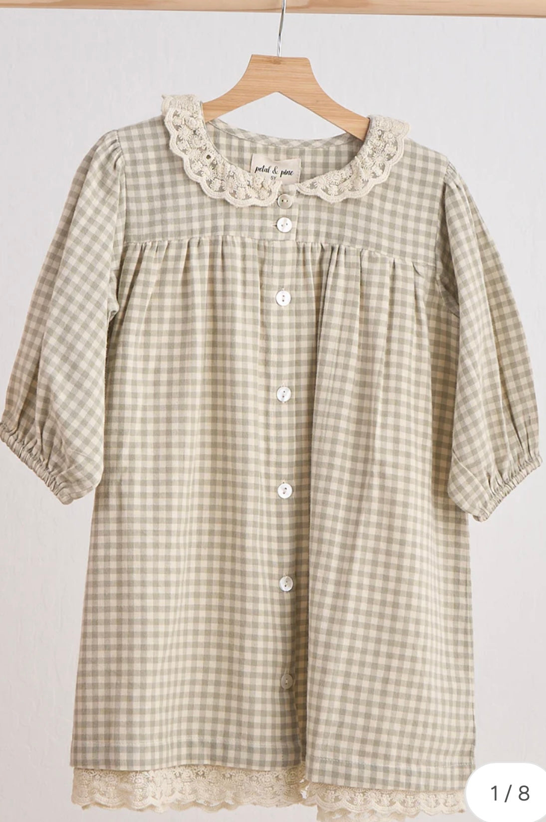 Girls green gingham & lace dress