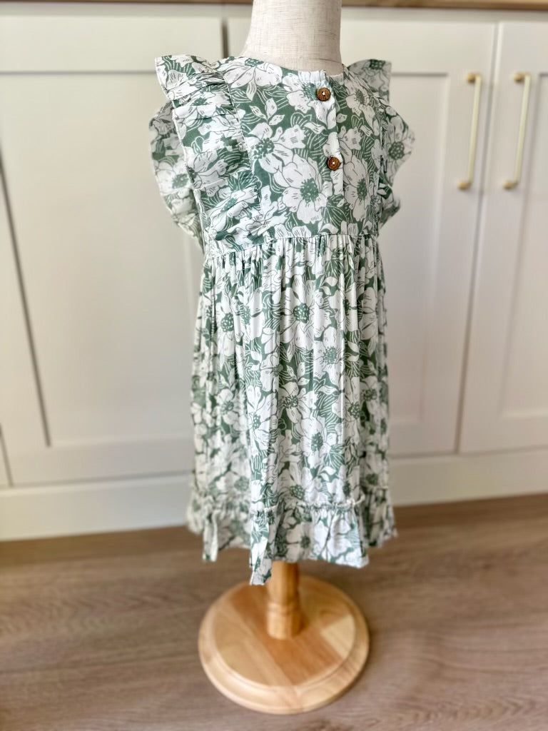 GREEN HAWAIIAN PRINT RUFFLE FRONT DRESS YOBABY