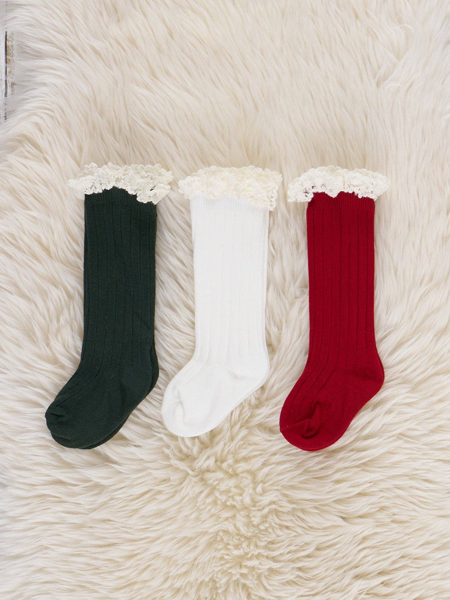 Lace Trim Knee Socks - Red