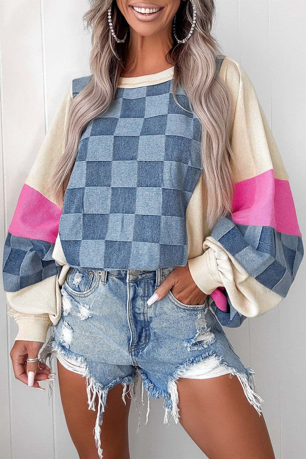 Checkered Denim Patchwork Sweatshirt LT