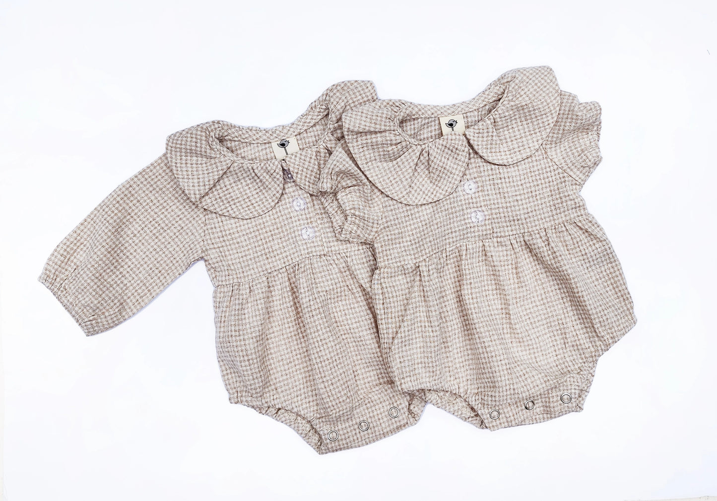 Baby Girl Adalia OAT Gingham Bubble Romper w/ Peter Pan Collar | Short Sleeve