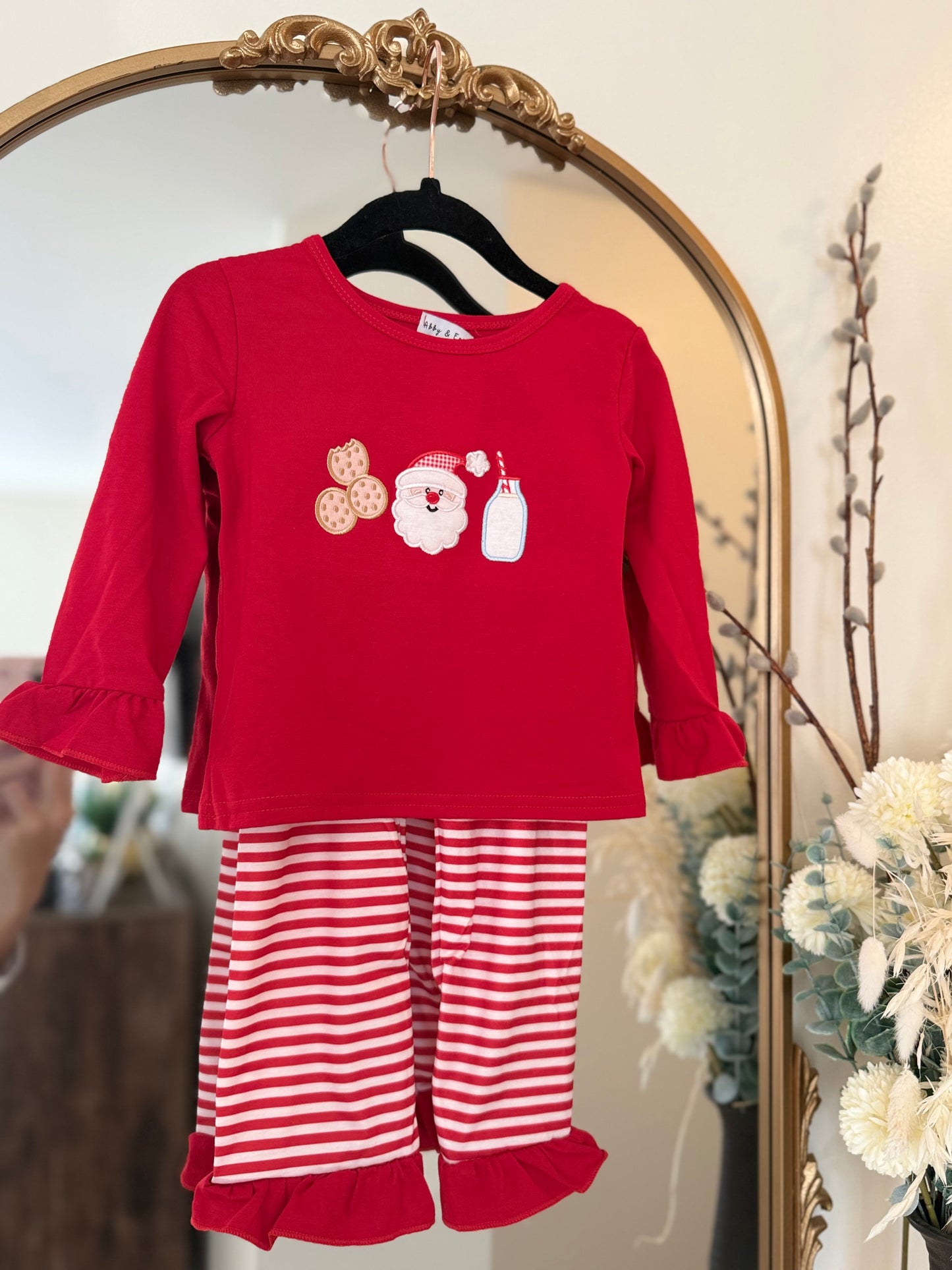 Christmas 2025 • girls red Santa cookies & milk ruffle pant set