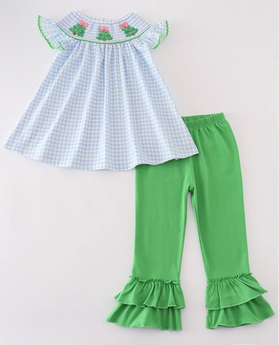 Christmas • girls blue gingham French knot tree pant set
