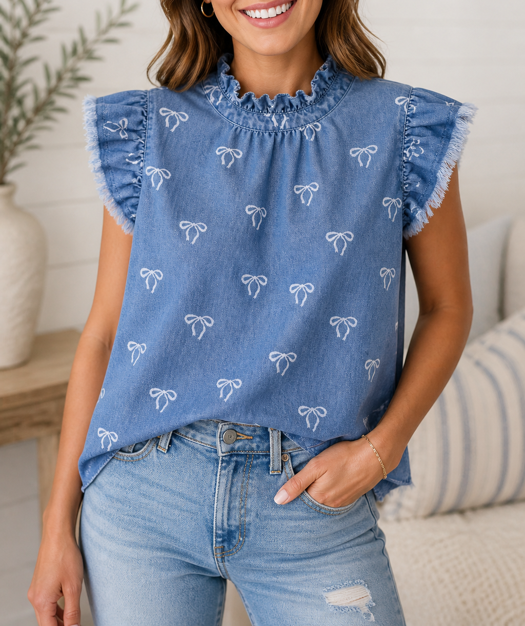 Blue Frilled Bow Denim Top