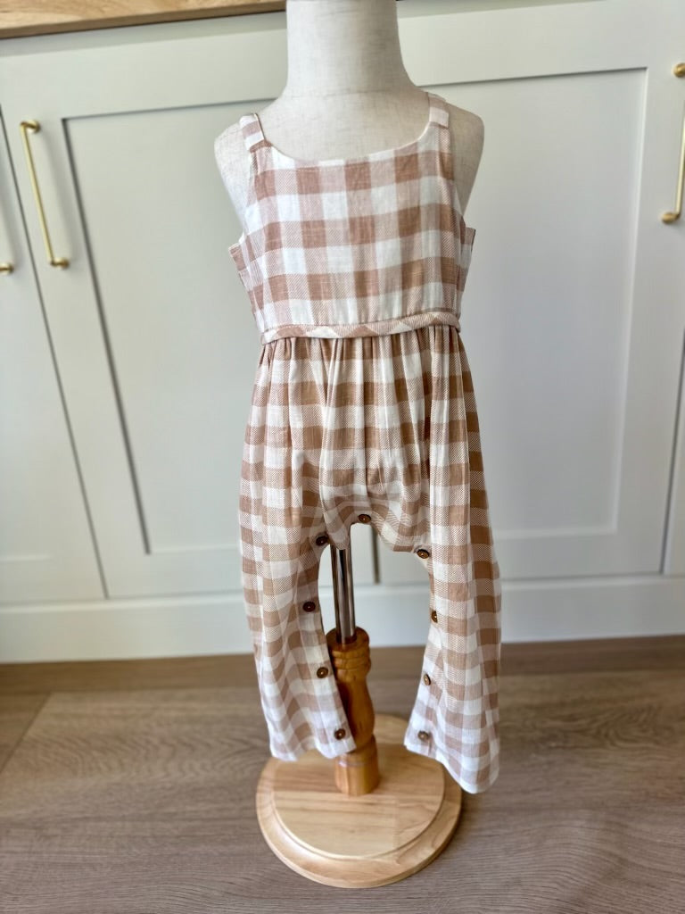 TAN CHECK ROMPER WITH EYELET SLEEVE YOBABY