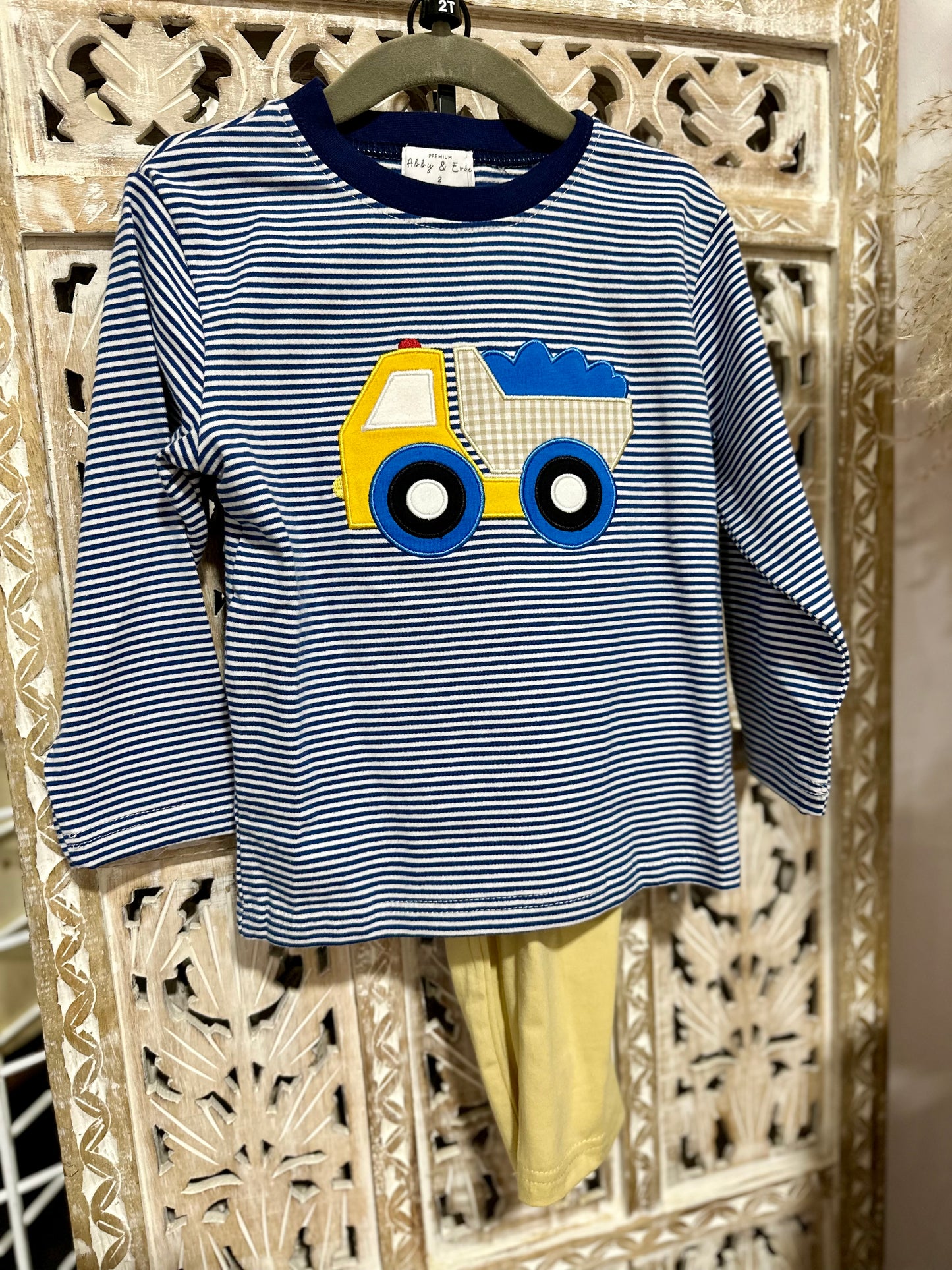 Boys blue stripe truck pant set