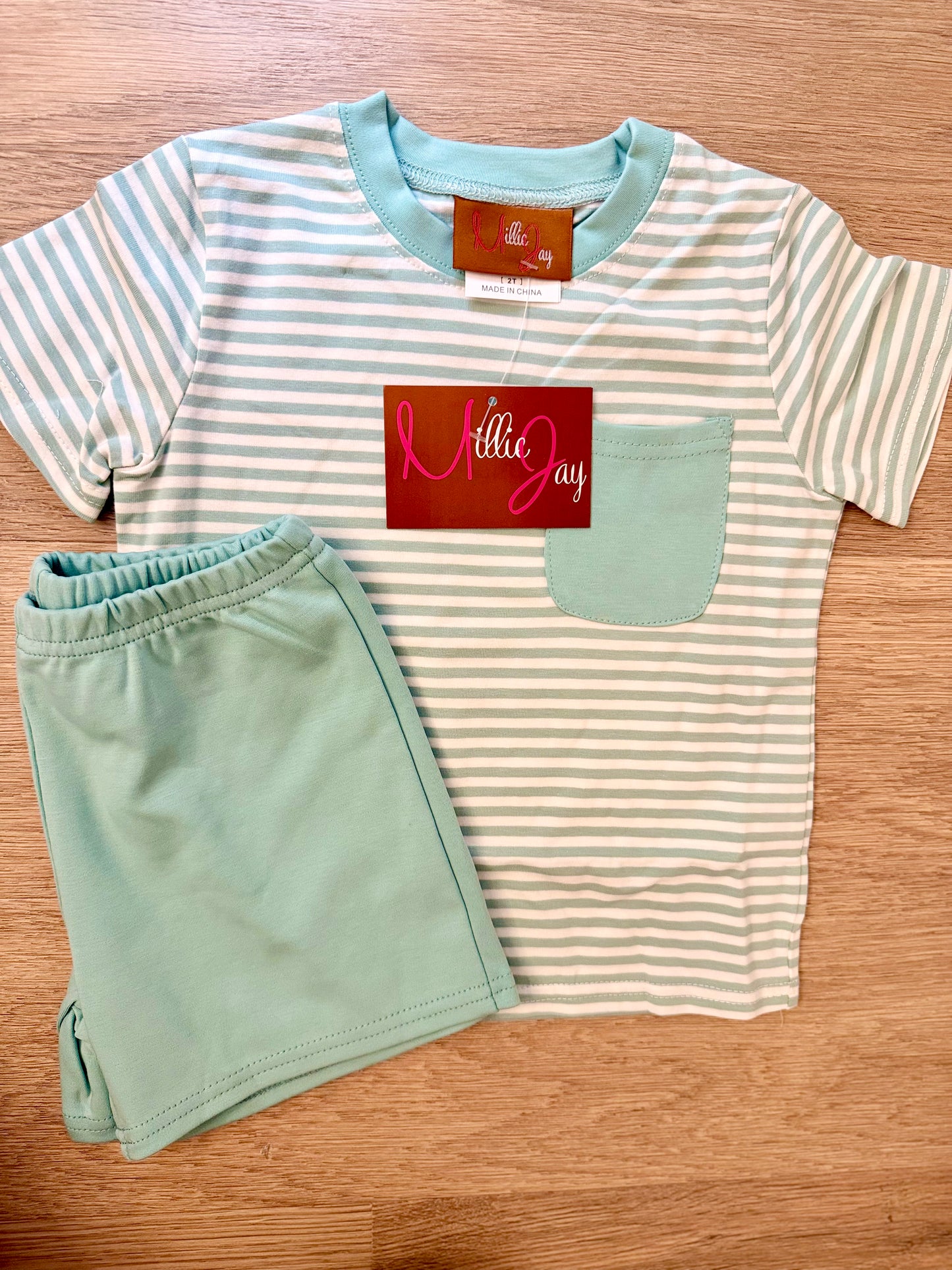 Mj26 • boys green stripe Hudson short set (662)
