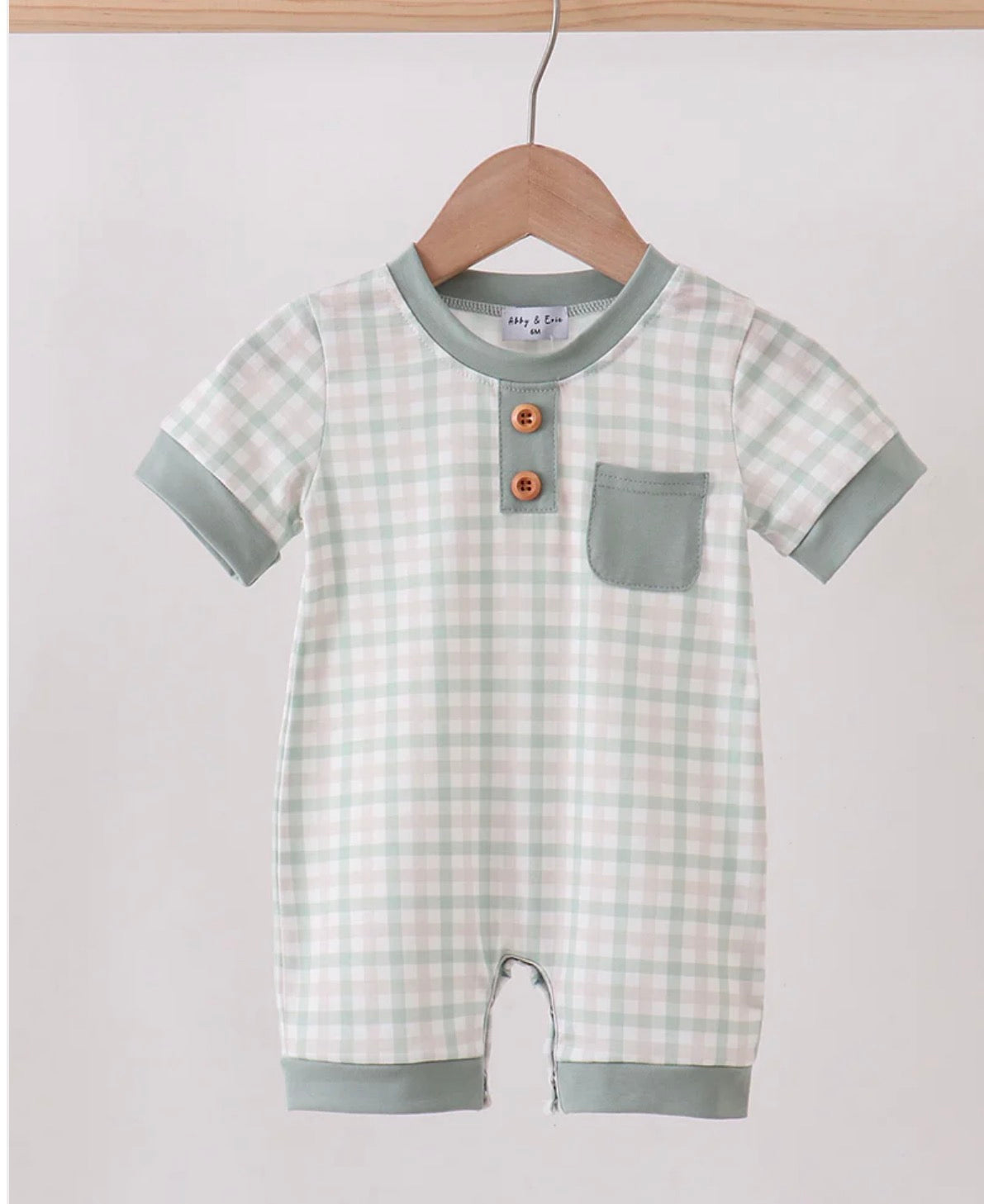 HD26 • boys sage plaid romper