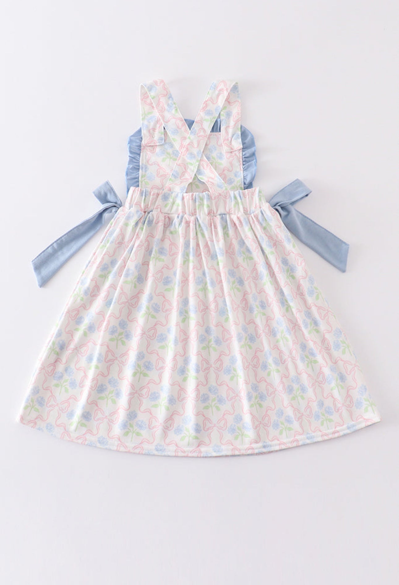 Girls Blue Floral/Pink Bow Ruffle Dress