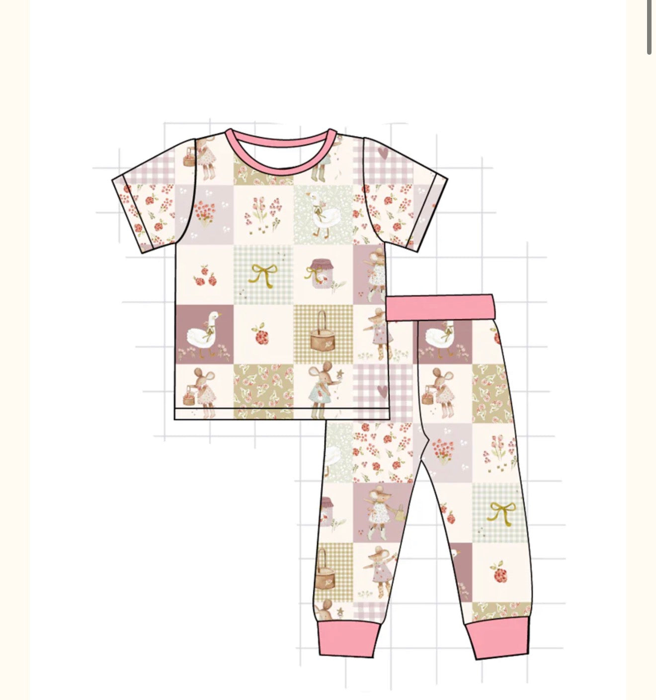 Preorder 83 • girls pink goose bow bamboo pajama set short sleeve. Ships Aug