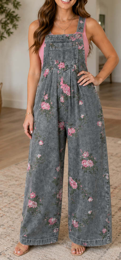 Gray Floral Denim Jumpsuit