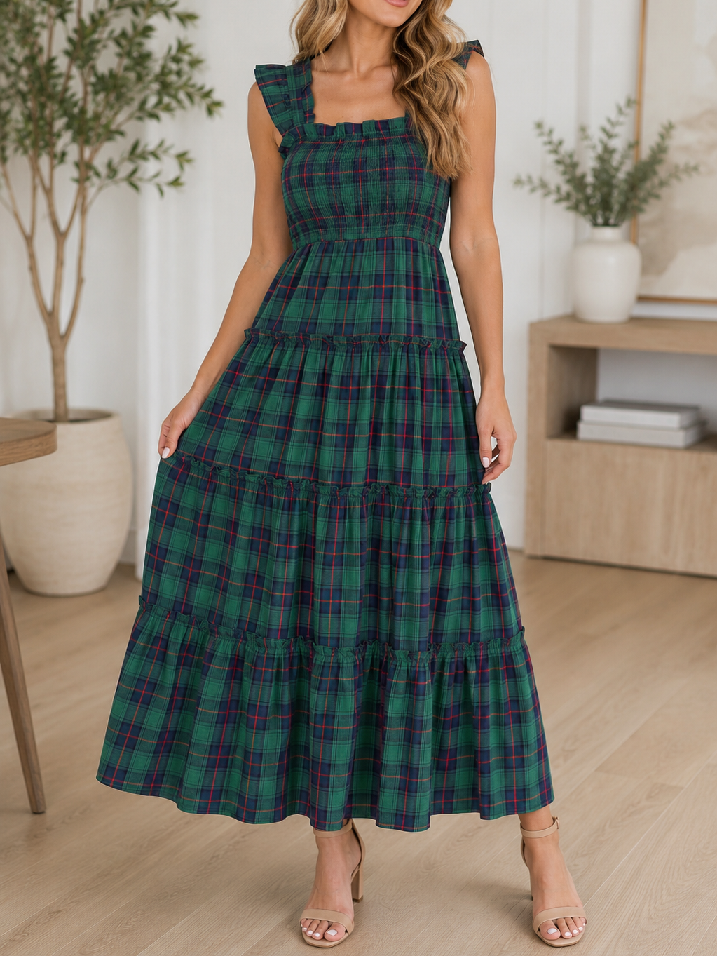 Green Plaid Ruffle Dress RTS
