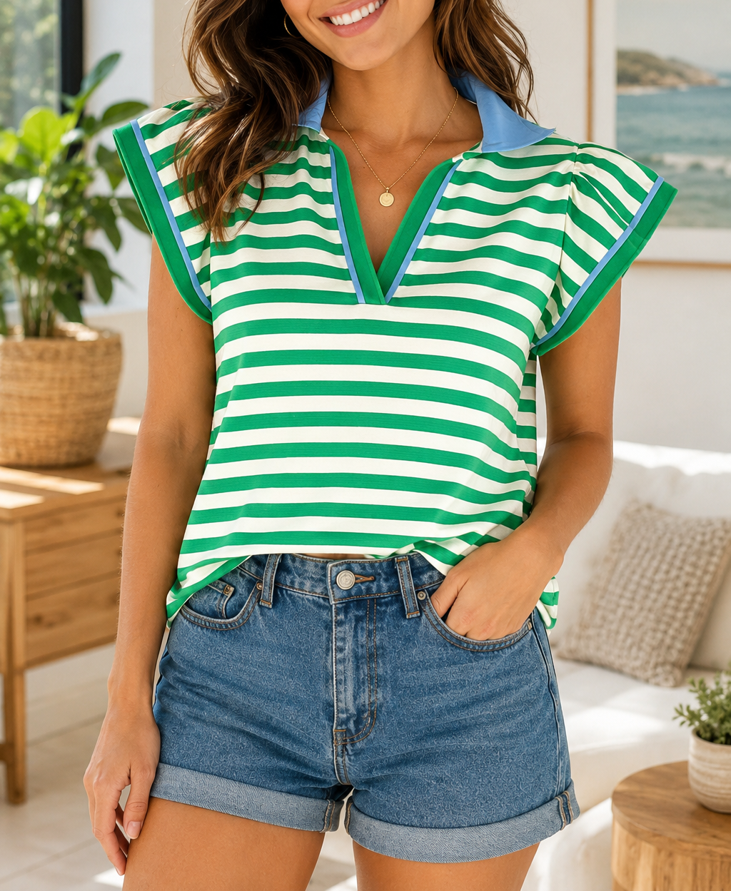 Green Stripe Polo Blouse
