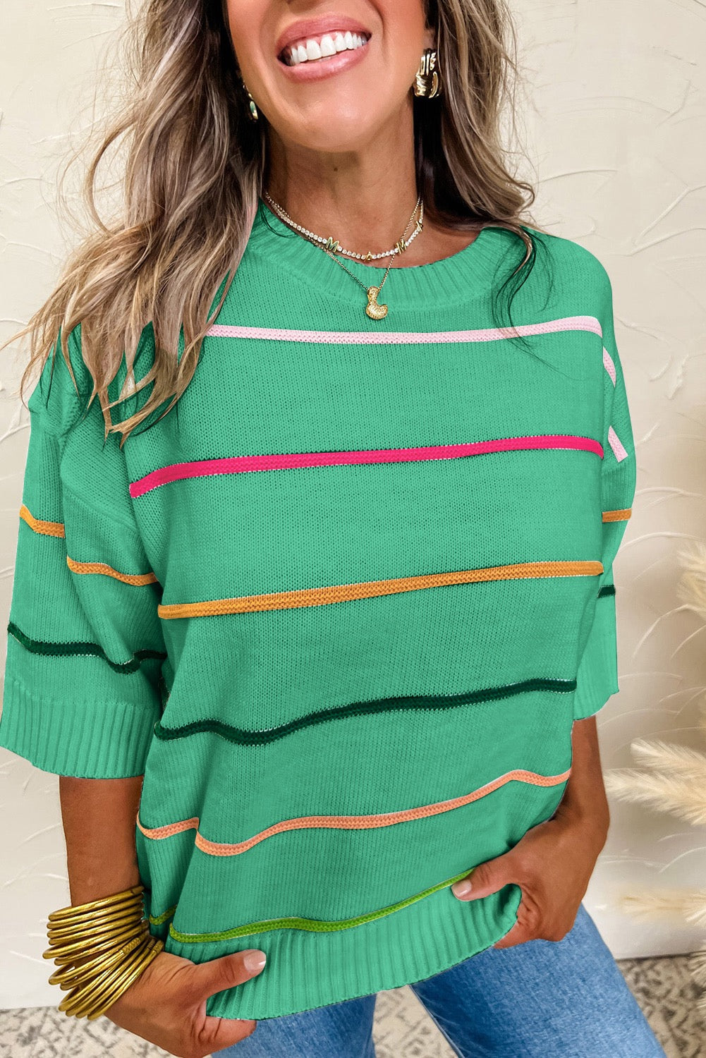 Green Colorblock Striped Sweater LT