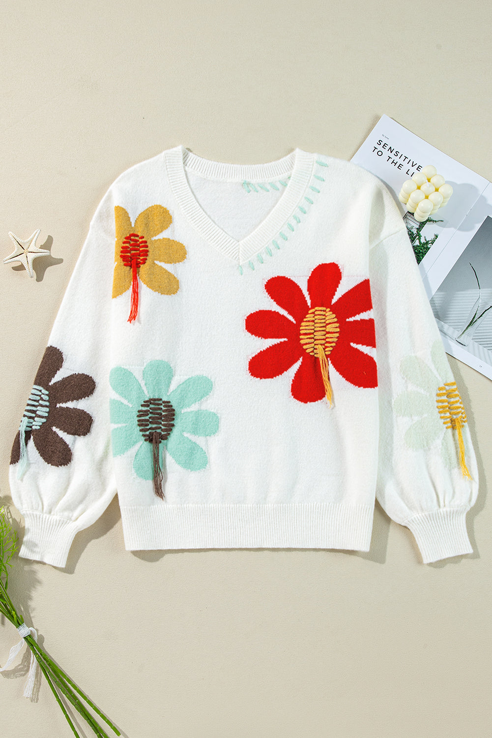 Big Flower Pattern V Neck Sweater LT
