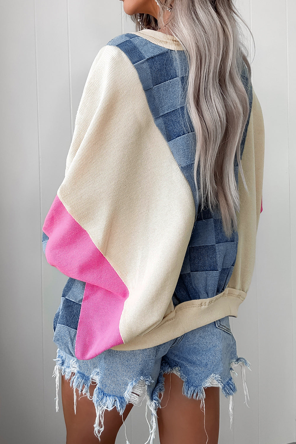 Checkered Denim Patchwork Sweatshirt LT