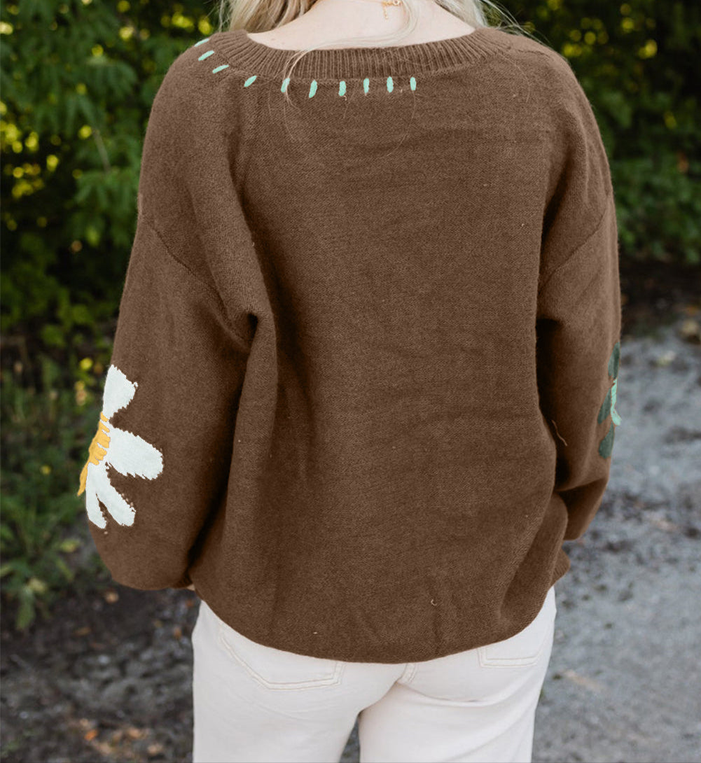 Big Flower Pattern V Neck Sweater LT