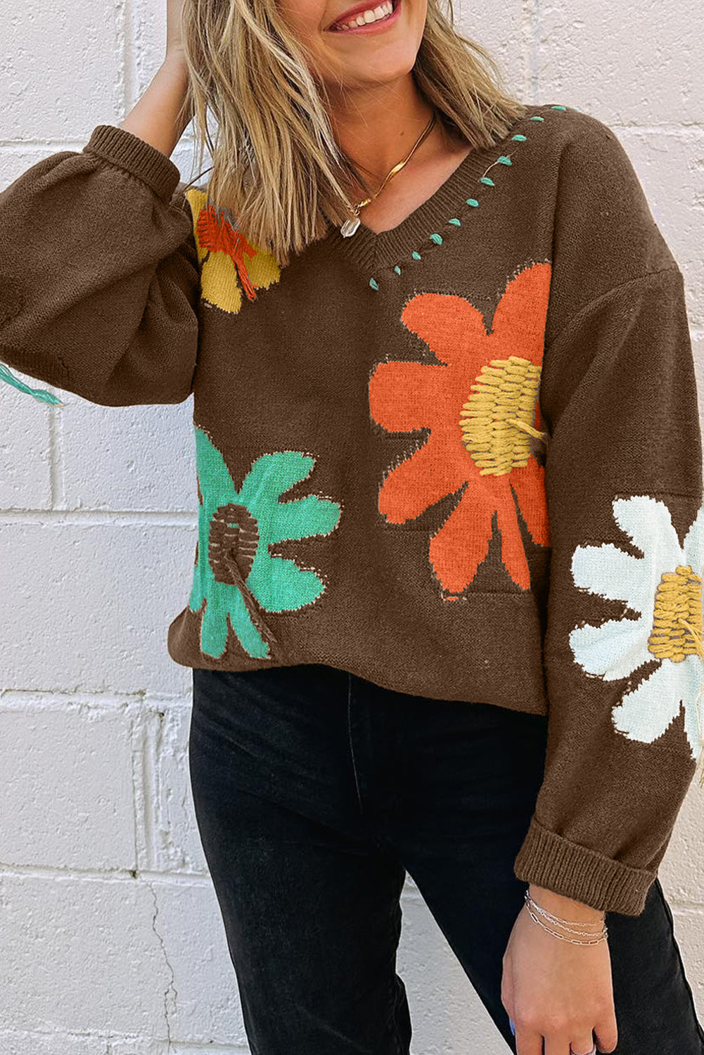 Big Flower Pattern V Neck Sweater LT