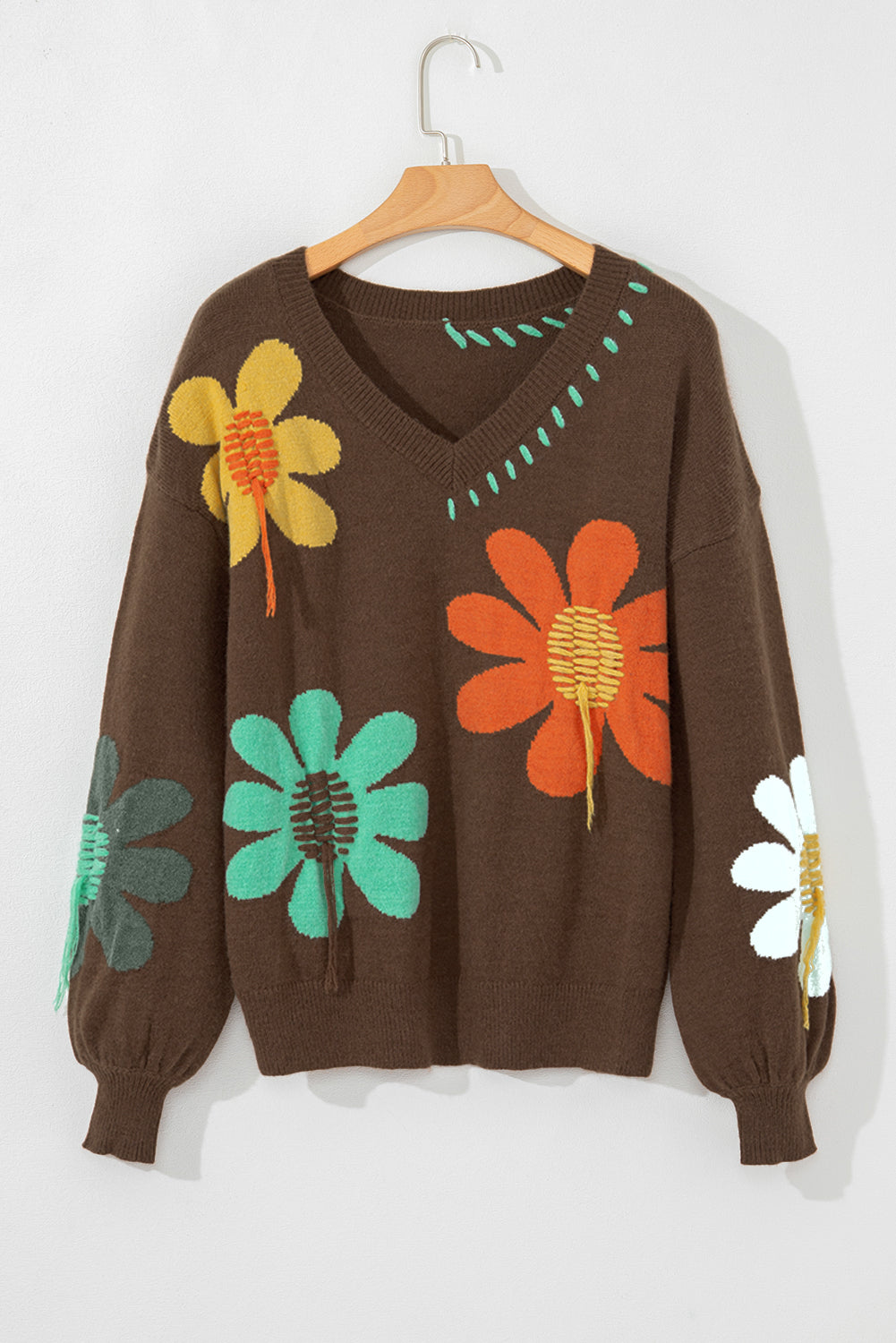 Big Flower Pattern V Neck Sweater LT