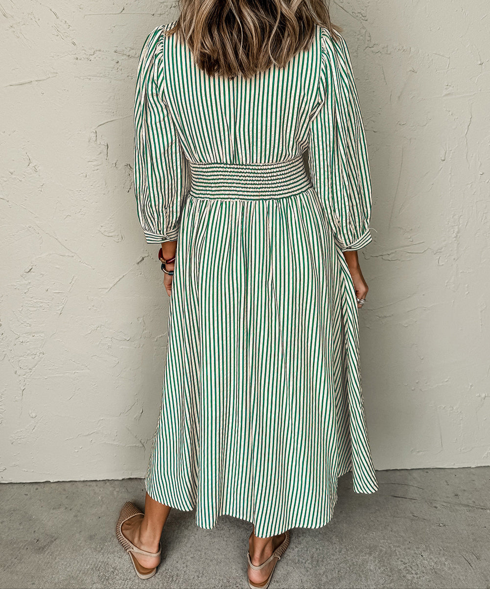 Green Stripe Clinched Midi Dress LT