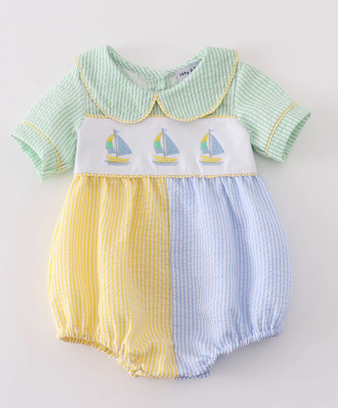 Boys embroidered seersucker sailboat bubble