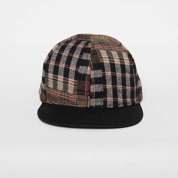 Flat Brim Trucker Hat - Brown Plaid w/ Faux Leather Brim