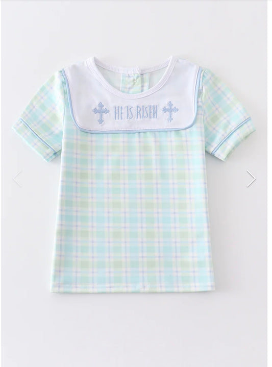 Boys He is risen embroidered short sleeve