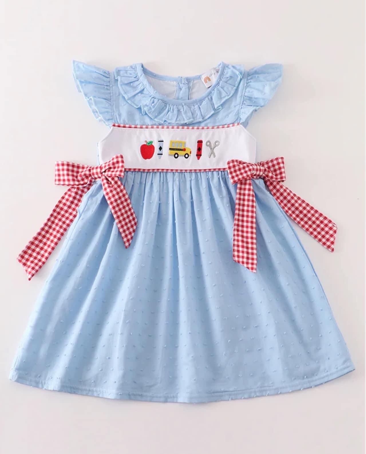 back to school - embroidery dress with red plaid bows