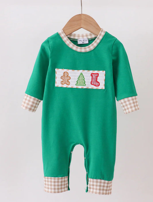Christmas 2025 • boys green machine smocked gingerbread romper