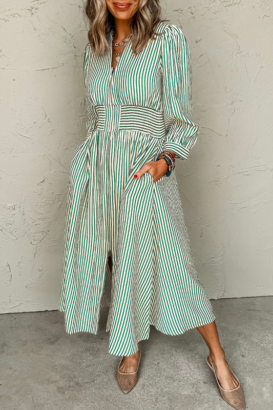 Green Stripe Clinched Midi Dress LT