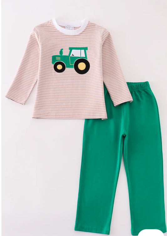 Boys green tractor pant set