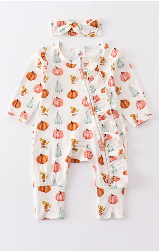 Baby Girls White Pumpkin Print zippy with headband