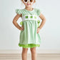 Green Clovers Embroidery Plaid Girl's Short Set