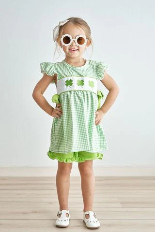 Green Clovers Embroidery Plaid Girl's Short Set