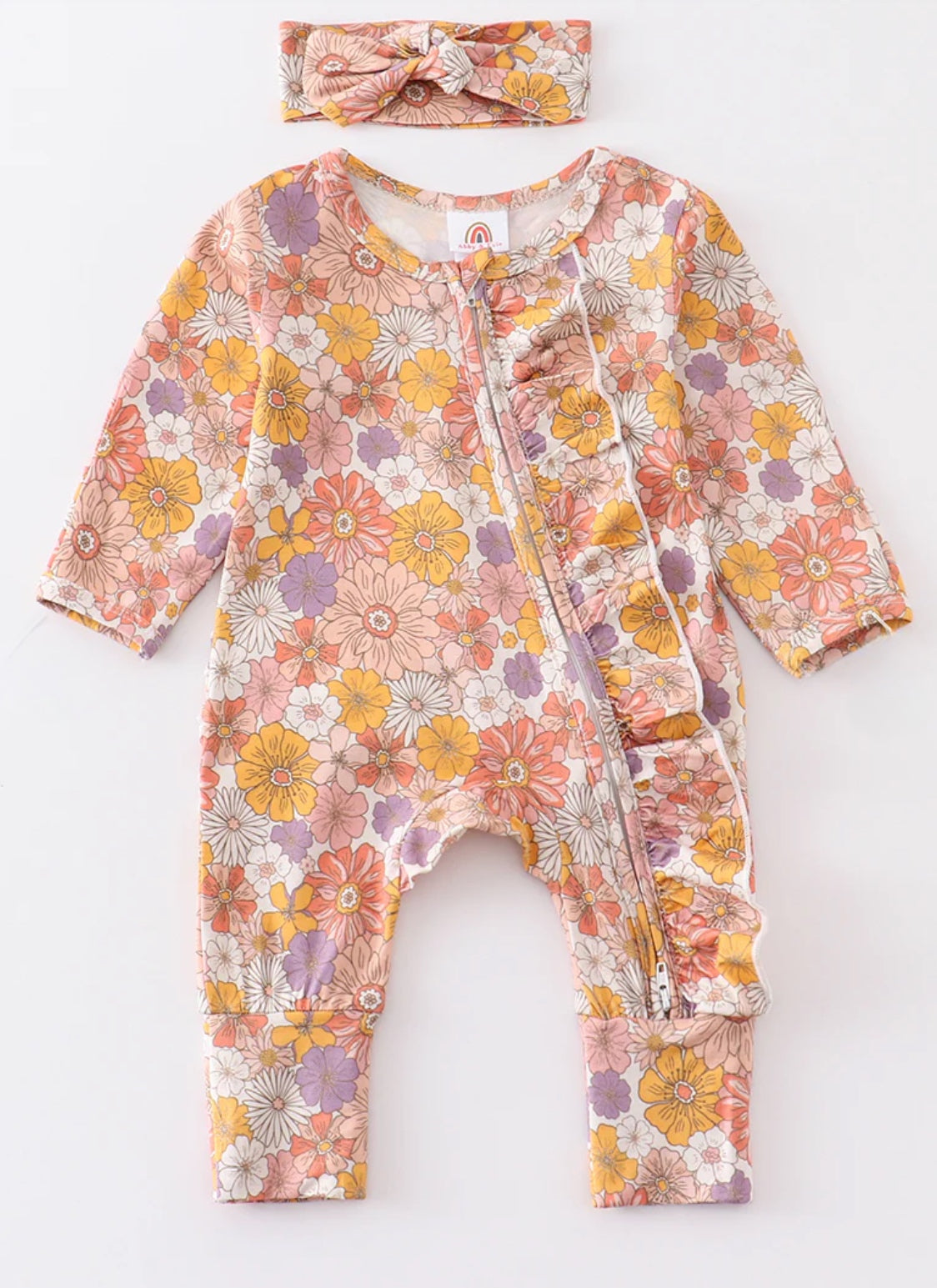 Baby girls floral print ruffle romper with head band