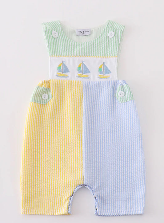 Boys embroidered seersucker sailboat Jon Jon