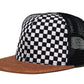 Flat Brim Trucker Hat - Checker/Faux Leather Brim