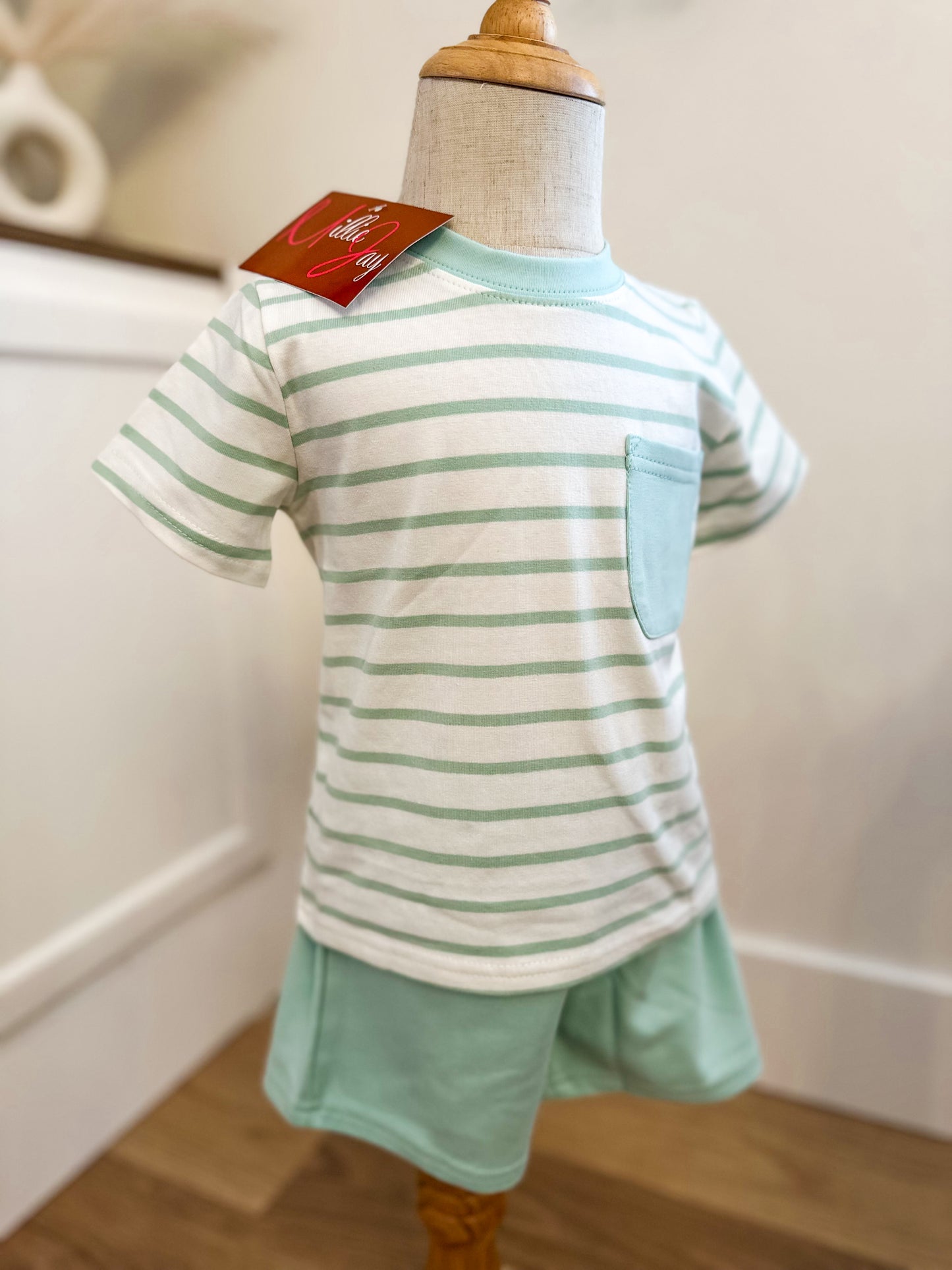 Millie jay • boys green stripe short set
