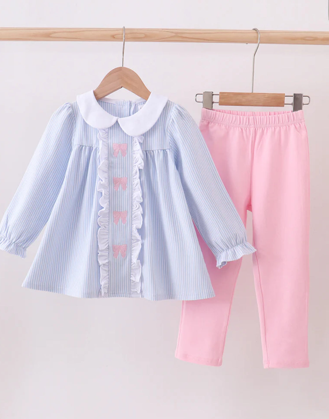 Girls embroidered pink bow stripe pant set