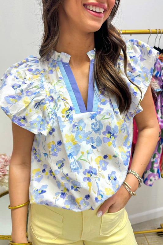 Blue Floral Frilled Blouse LT