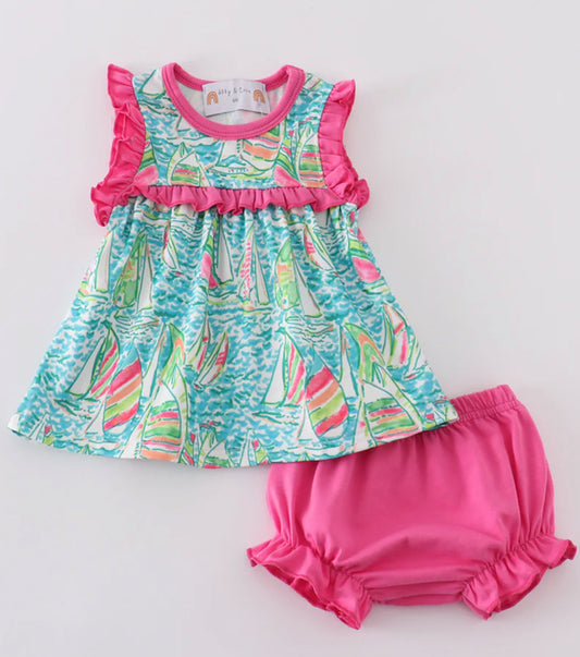 Girls teal sailboat pink bloomer set