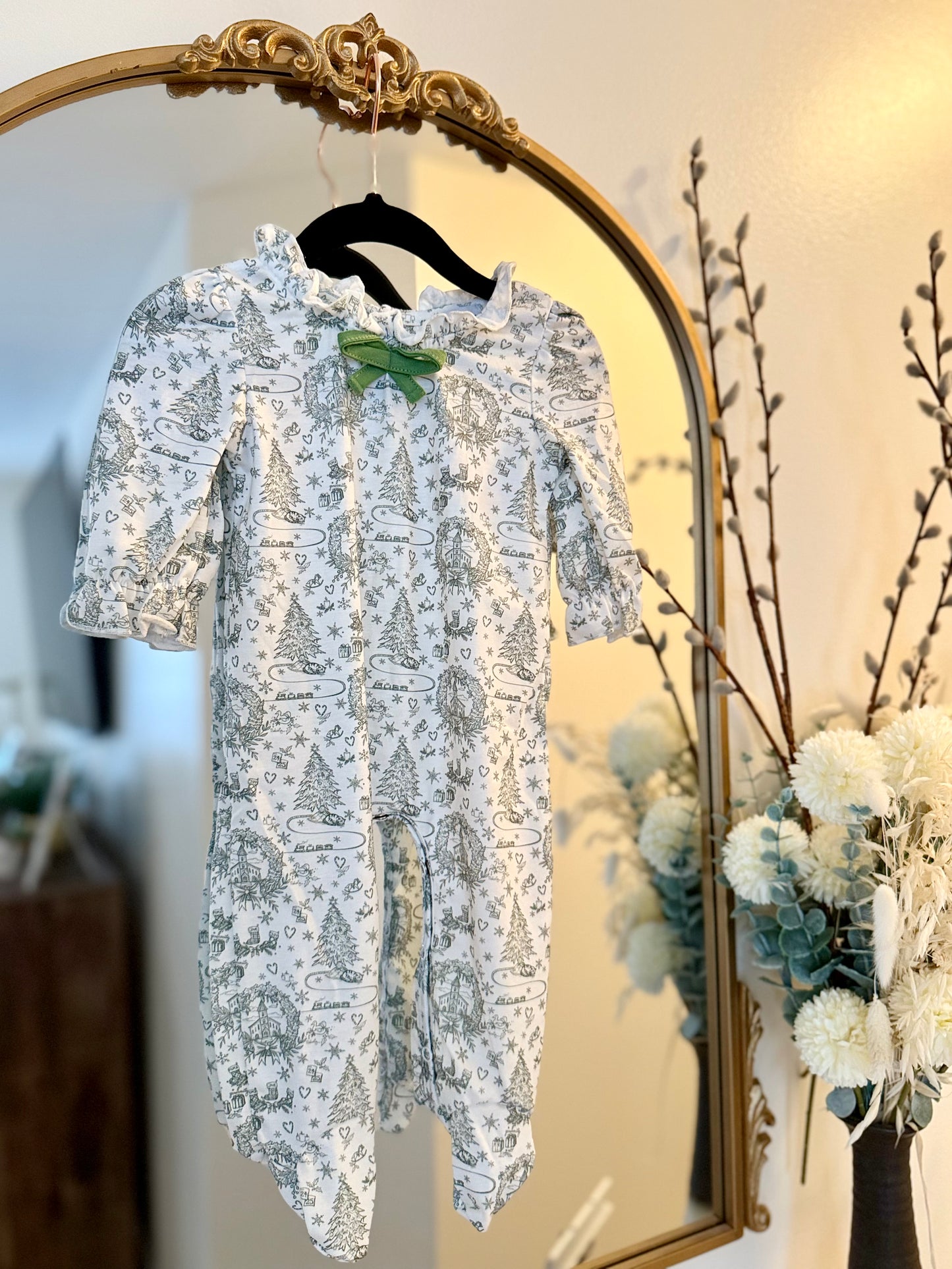 HD Xmas 25 • girls green tree print ruffle romper