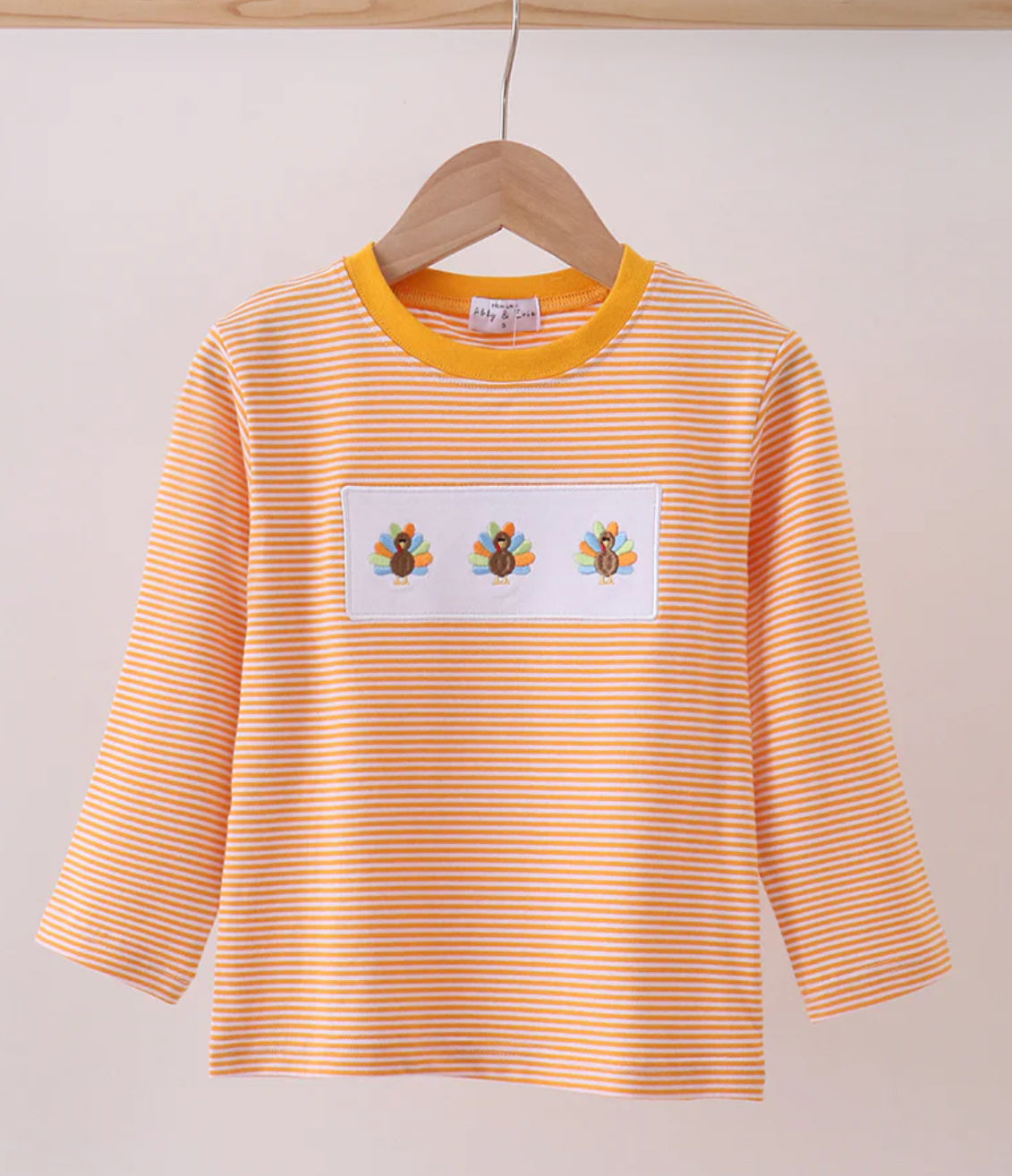 Thanksgiving 2025 • Boys stripe orange turkey embroidered shirt