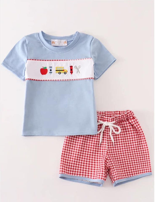 BACK TO SCHOOL • boys embroidered apple crayon bus Short Set