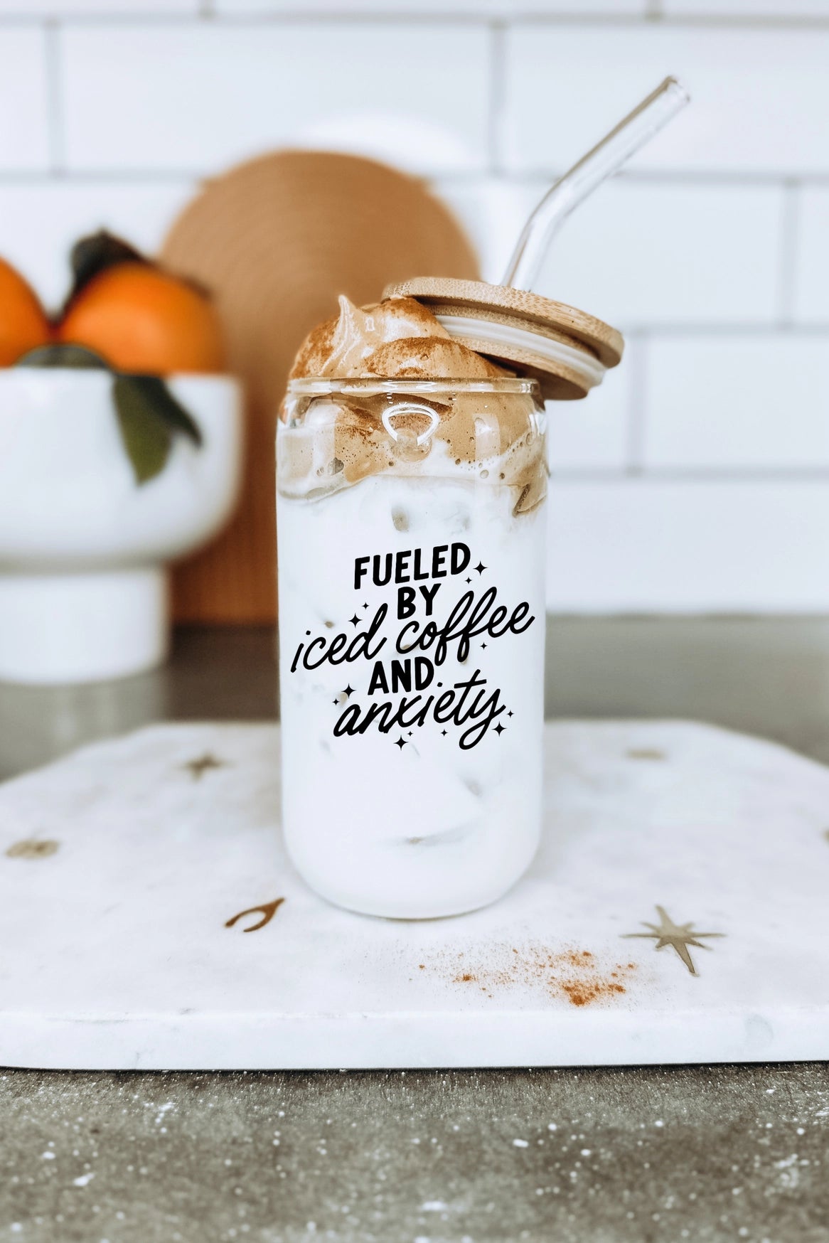 Iced Coffee and Anxiety 16 oz Glass Cup with Lid