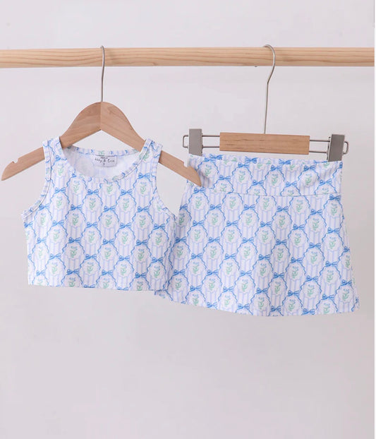 HD26 •Girls blue floral bow athletic skort set