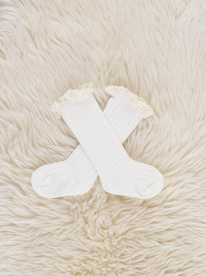 Lace Trim Knee Socks - White