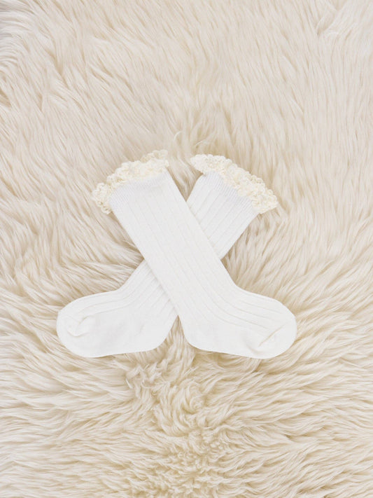 Lace Trim Knee Socks - White
